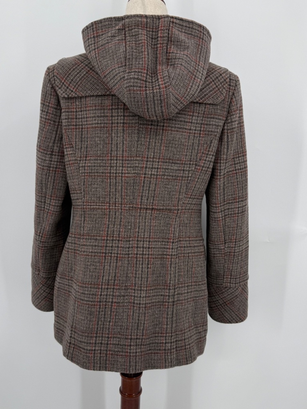Wool Cashmere Blend Hooded Plaid Duffle Coat Brown Preppy Plaid Heritage Women M - Picture 2 of 9